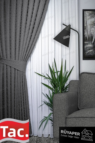 Taç Anthracite Color Dream Linen Series Pompom Pattern Background Curtain Clo...