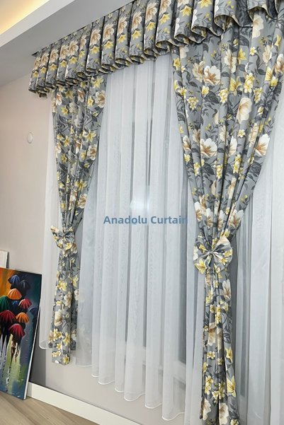 GLOMAR Kitchen Curtain Dense Pleated 1/3 Orchid Patterned Gray Background Colored Cornice Short Background Curtain Modern