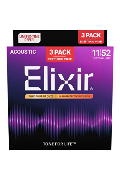 Elixir 011-052 Phosphor Bronze Acoustic Guitar Strings Economical Set of 3 (1...