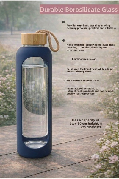 MİMOZA PARK 1 Liter Borosilicate Glass Flask Bamboo Vacuum Lid Water Bottle D...