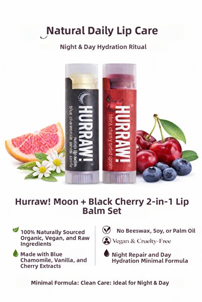 Hurraw مجموعة بلسم الشفاه مون + بلاك تشيري مكونة من قطعتين للإصلاح الليلي وال...