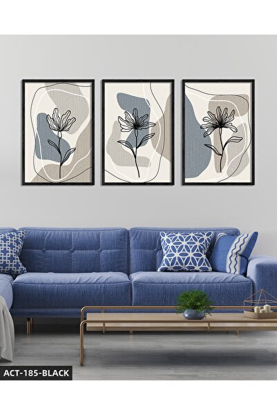 Evinemoda Flori liniare moi 3 piese Tablou cu ramă din lemn ACT