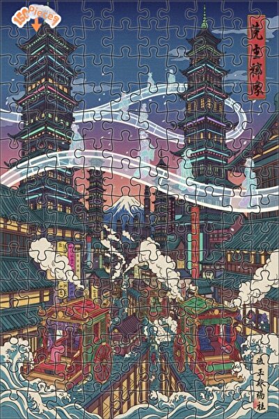 Teona Ahşap Japan Art Stream Oil Painting Look Double Layer Framed Wooden Puz...