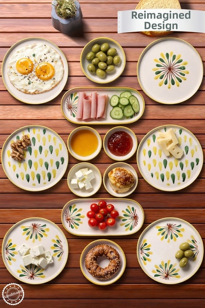 Nandy Home Set de mic dejun cu puncte verzi, 14 bucăți, realizat manual pentr...