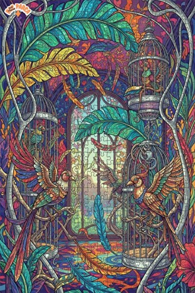 Teona Ahşap Magical Birdcage Art Oil Painting Look Double Layer Framed Wooden...