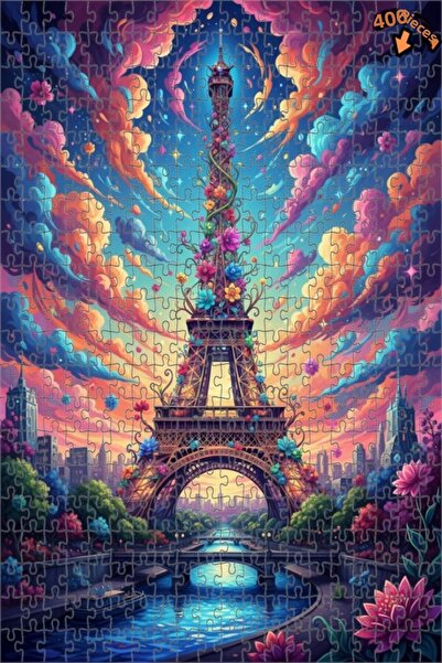 Teona Ahşap برج إيفل خلف السحاب الملونة، لوحة زيتية، لغز خشبي بإطار مزدوج الط...