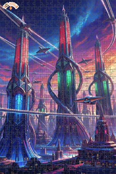 Teona Ahşap Futuristic Cityscape Digital Print Look Double Layer Framed Woode...