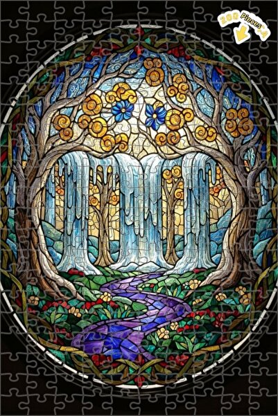 Teona Ahşap لغز خشبي مؤطر بطبقتين بتصميم فني من الزجاج الملون لشلال الغابة ال...