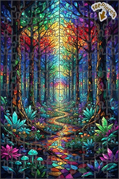 Teona Ahşap لغز خشبي على شكل طريق الغابة السماوية بمظهر فسيفساء زجاجي 100 قطع...