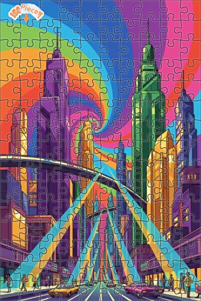 Teona Ahşap Rainbow Dream City Landscape Linear Double-Decker Framed Wooden P...