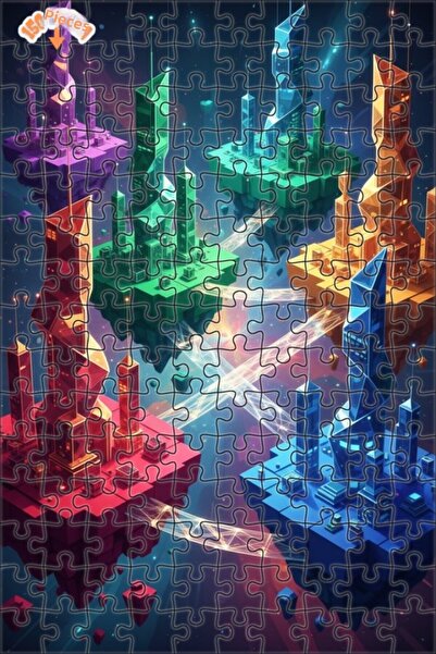 Teona Ahşap Colorful Cities of the Future Digital Art Look Double Layer Frame...