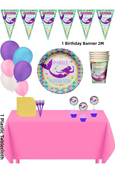 HAPPYLOOPPARTY مجموعة زينة حفلات عيد الميلاد لشخصية حورية البحر تتسع لـ 24 شخصًا