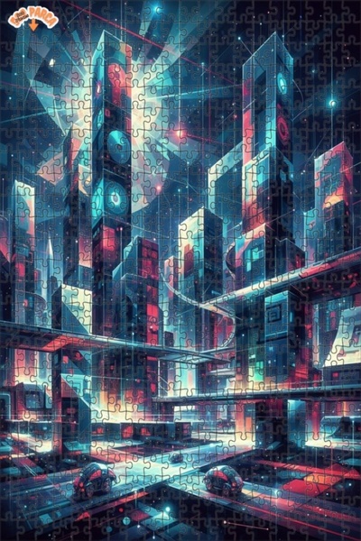 Teona Ahşap Futuristic City Lights Oil Painting Look Double Layer Framed Wood...