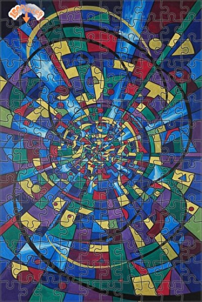 Teona Ahşap Futuristic Geometric Patterned Oil Painting Look Double Layer Fra...