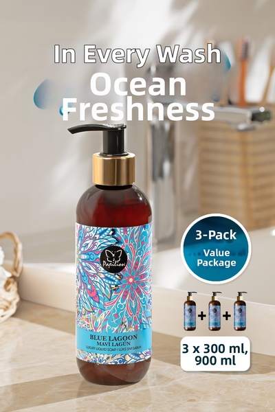 Papilion صابون سائل فاخر لليدين من بلو لاجون 3x300 مل صابون سائل منعش نباتي ب...