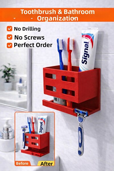 AA AHŞAP Perforation-Free Bathroom Shelf Wall-Mounted Adhesive Toothbrush Hol...