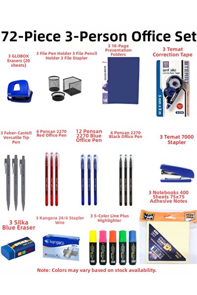 Dağtaş Kırtasiye مجموعة أدوات مكتبية لـ 3 أشخاص / 72 قطعة من القرطاسية المكتب...