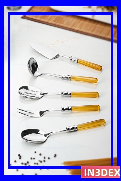 İN3DEX طقم تقديم مكون من 5 قطع بمقابض أكريليك يشمل مغرفة ومصفاة وملعقة مسطحة ...