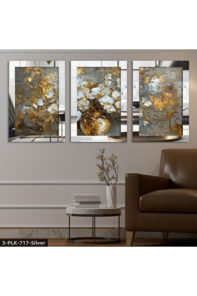 Evinemoda Floare albă în vază aurie, tablou din plexiglas cu oglindă, 3 piese