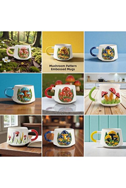 İlbay Çini Takı Embossed Mushroom Six Colors Six Pieces Mug, Handcrafted Gift...