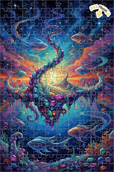 Teona Ahşap لغز فني رائع على شكل سمكة فضائية وجزيرة كريستالية بمظهر لوحة زيتي...