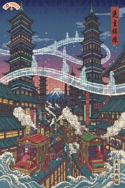 Teona Ahşap Japan Art Stream Oil Painting Look Double Layer Framed Wooden Puz...