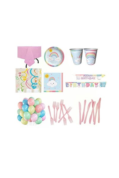 PARTİ SEPETİ Set de petrecere de unică folosință cu tematică curcubeu