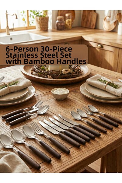 PERLAEVKAHVE 30 Pieces 6 Person Acacia Handle Stainless Steel Cutlery Set