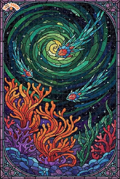 Teona Ahşap لغز خشبي مؤطر بطبقتين بتصميم فن الزجاج الملون لأسماك البحر السحري...