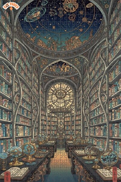 Teona Ahşap Mysterious Galaxy Library Oil Painting Look Double Layer Framed W...