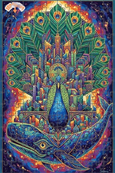 Teona Ahşap Sky Blue Hidden Peacock and Whale in the City Double-Decker Frame...