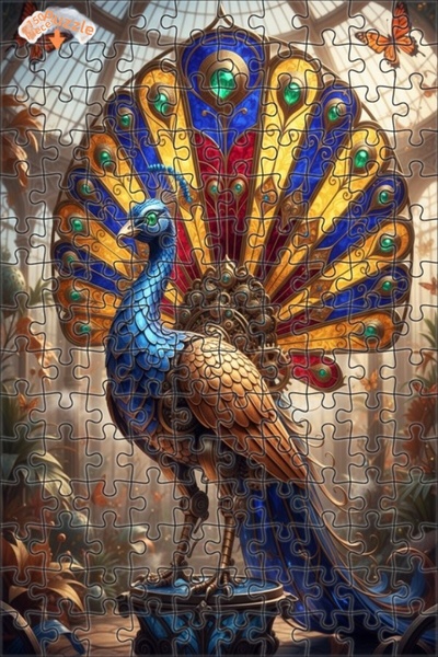 Teona Ahşap Mechanical Peacock Stained Glass Look Double Layer Framed Wooden ...