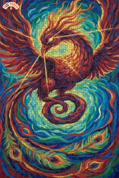Teona Ahşap Flaming Emerald Phoenix Oil Painting Look Wooden Puzzle 500 Piece...