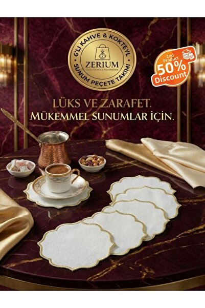 ZERİUM Set premium de 6 șervețele pentru cocktail și cafea, seria de broderie...