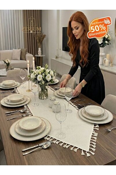 ZERİUM Tasseled Special Design Bohemian Ruffled Linen Runner Real Natural (Na...