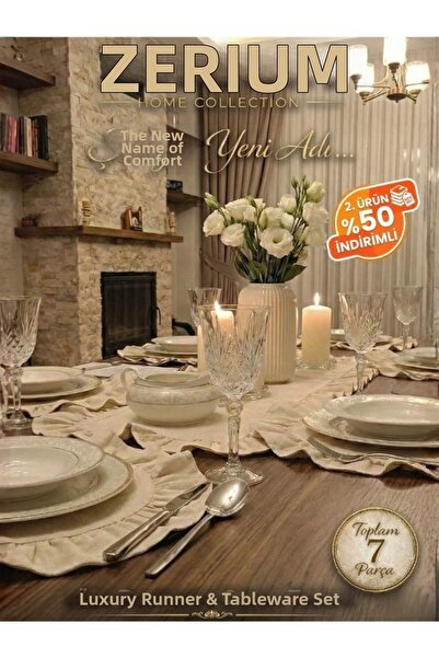 ZERİUM Set de 7 bucăți de lenjerie de masă și de prezentare din in brut cu vo...