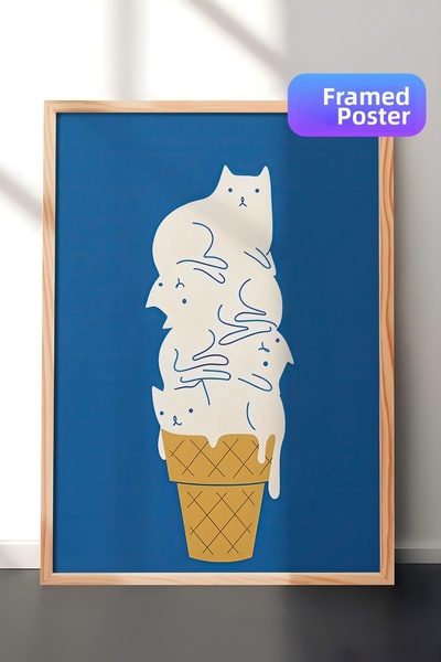 Postifull Tablou cu rama din lemn, set de postere si rame, Cats Ice Cream Com...