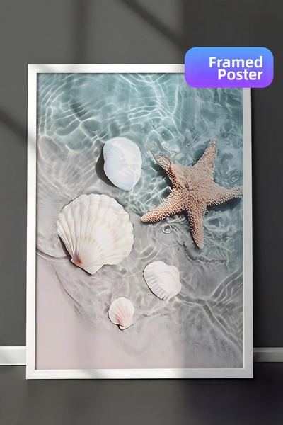 Postifull Tablou înrămat cu stele de mare și scoici, pictură verticală pe per...
