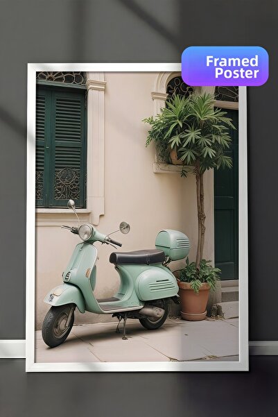 Postifull Pictură înrămată Vespa Italia, cadru alb și poster, pictură vertica...