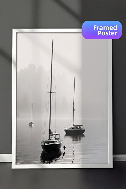 Postifull Pictură înrămată cu bărci cu pânze, cadru alb și poster, pictură ve...