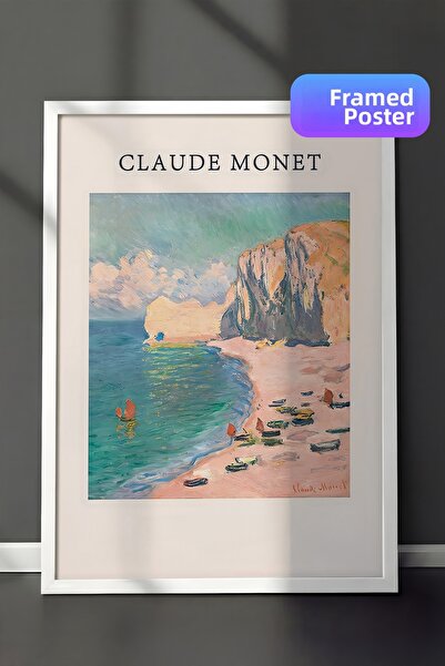 Postifull Tablou cu rama albă, Monet - Plaja și Falaise d'Amont Seria Comfort...