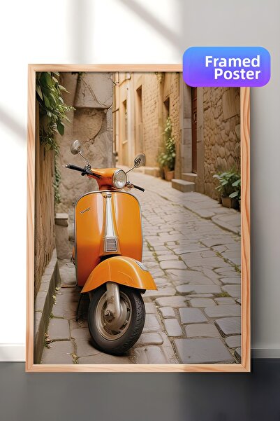 Postifull Pictură înrămată cu Vespa portocalie, cadru din lemn și poster, pic...