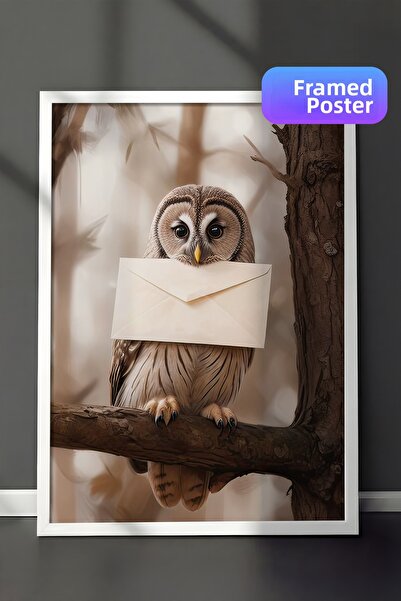 Postifull Tablou înrămat cu bufniță, cadru alb și poster, pictură verticală p...