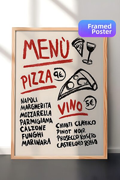 Postifull Tablou cu rama din lemn, set de postere si rame, Pizza Vino Menu Co...