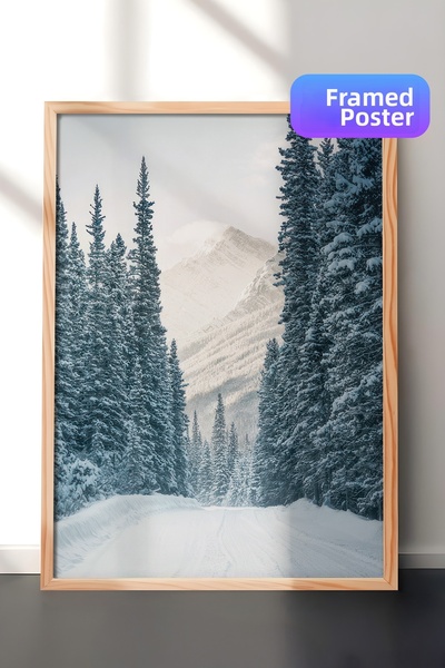 Postifull Pictură înrămată Winter Road, cadru din lemn și poster, pictură ver...