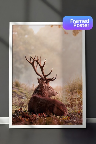 Postifull Pictură înrămată cu cerb roșu, cadru alb și poster, pictură vertica...