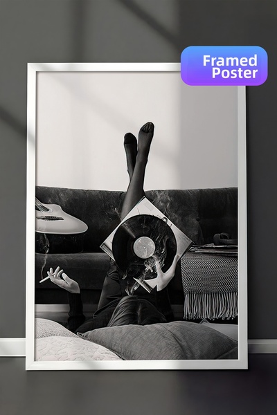 Postifull Tablou înrămat cu discuri de vinil, cadru alb și poster, pictură mu...