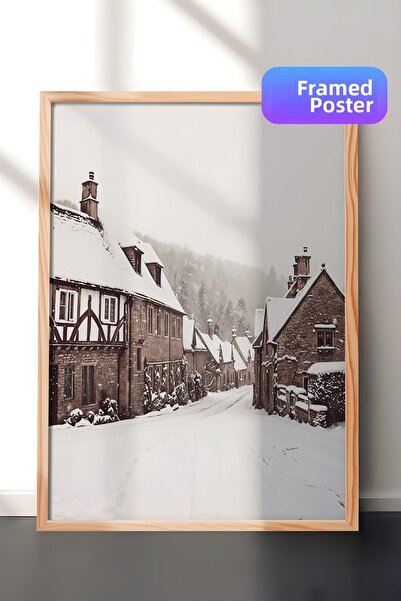 Postifull Pictură de Anul Nou Winter Village, cadru din lemn și poster, pictu...