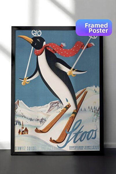 Postifull Vintage Stoos Penguin ζωγραφική με κορνίζα, κάθετη ζωγραφική τοίχου...