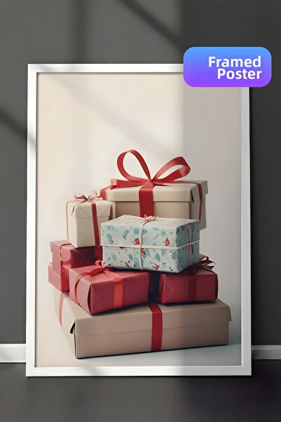 Postifull Pictură de Crăciun cu pila de cadouri, cadru alb și poster, pictură...